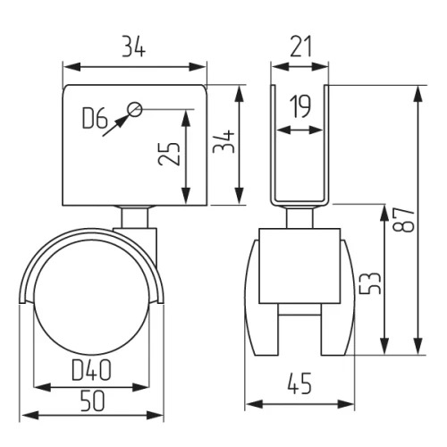 Колесная опора со скобой d=40, 16х34х34х1.2мм