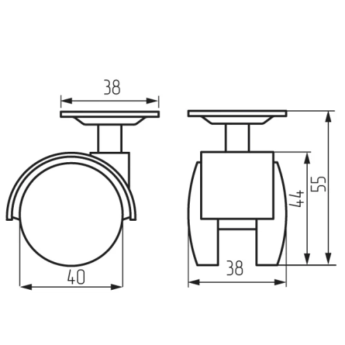 Колесная поворотная опора с площадкой d=40, 38х38х1,2 с тормозом