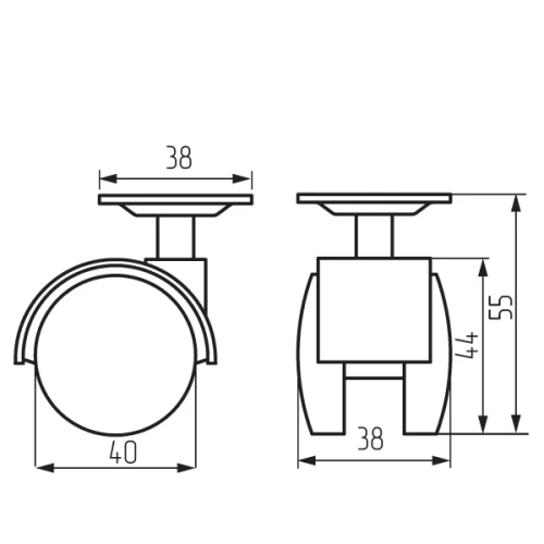 Колесная поворотная опора с площадкой d=40, 38х38х1,2мм