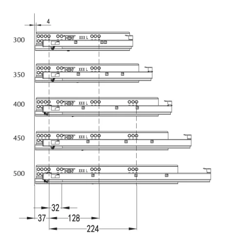 Направляющая скрытого типа EXCEL FGV 350 N665H Push to Open полного выдвижния, левая