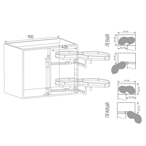 Волшебный уголок Unihopper  с дов., в ящик 900 мм, фасад 450 мм, с противоск.покр., серый, правый