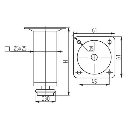Опора 19175,100 d25х25мм. квадрат,хром