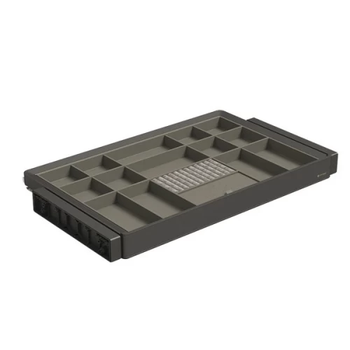 Выдвижная полка для аксессуаров серая кожа Unihopper в базу 600мм с доводчиком clip-on MONIKA