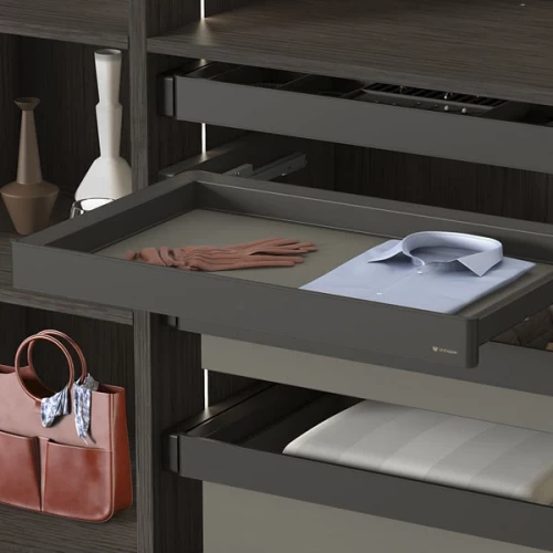 Выдвижная полка сталь, серая кожа Unihopper в базу 900мм c доводчиком clip-on MONIKA