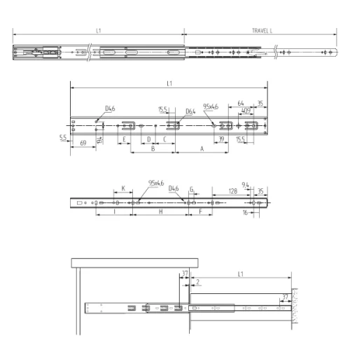 Шариковые направляющие полного выдвижения Push to Open FGV 350 мм H=45мм